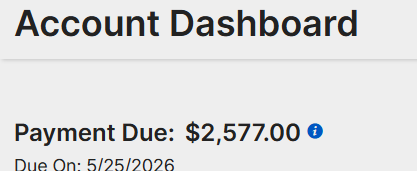Student financial dashboard screenshot showing balance due of $2,577