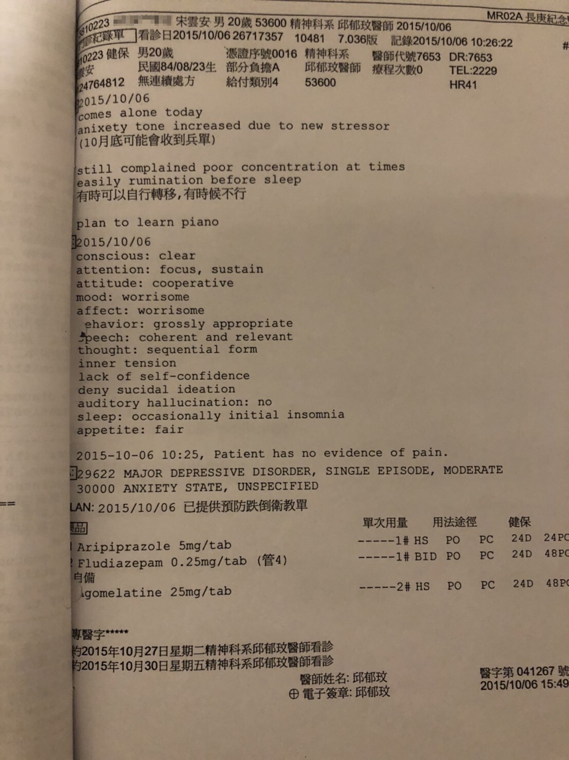 diagnosis of my major depressive disorder