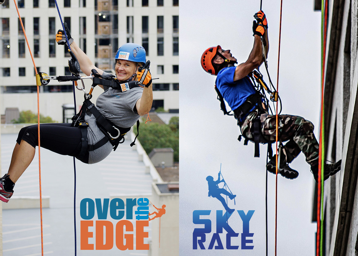 Woman giving thumbs up while rappelling down Elsie Mason Manor on the left and a man climbing up the building in the Sky Race on the right.