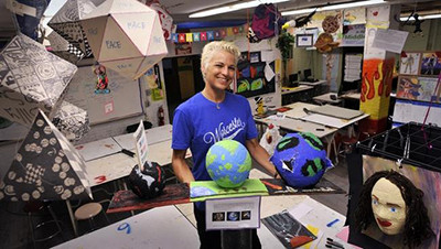 Stacy in her creative arts class room (courtesy of the Worcester T&G)