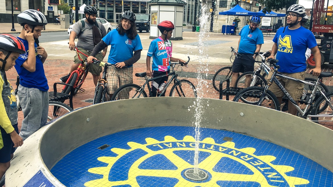 CBW students at the Rotary Centennial Fountain in downtown Allentown - combining by two favorite non-profits in one rode.