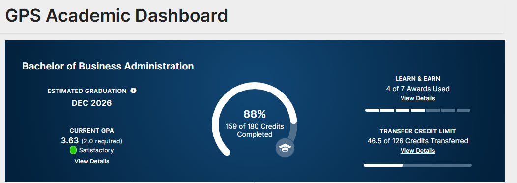 Crystal's student dashboard showing degree program, graduation date, GPA, tuition awards, credit and program completion, and transfer credits