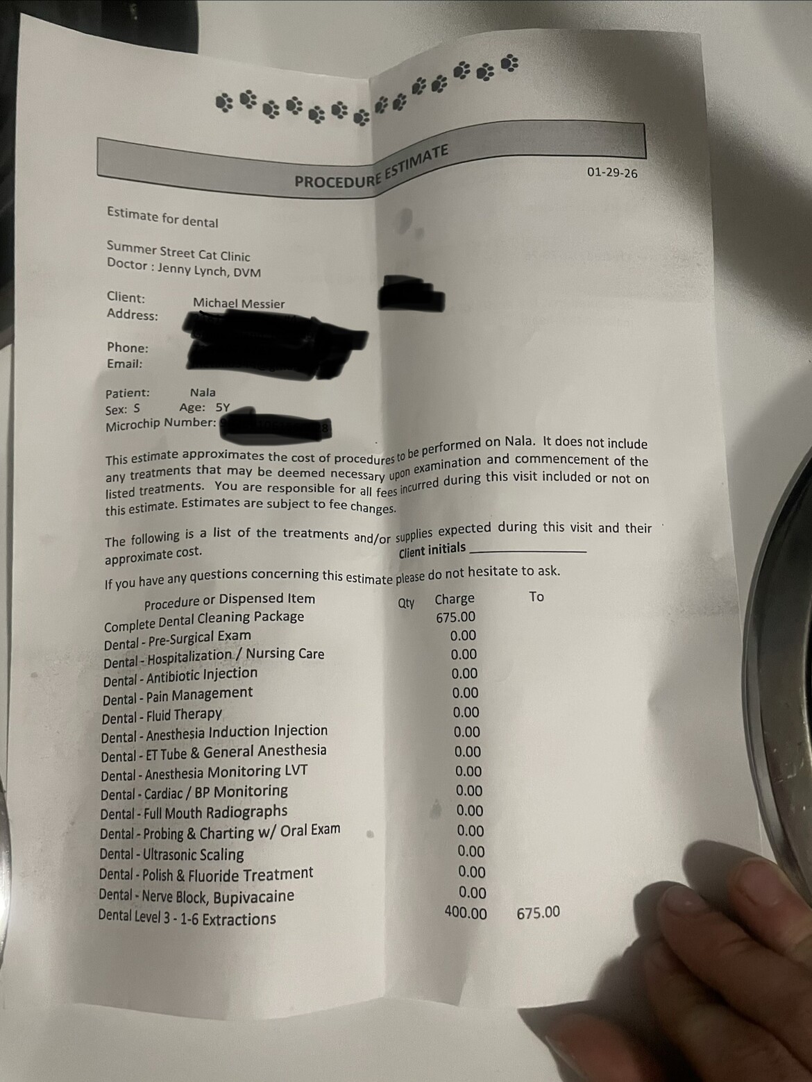 Part of Nala’s estimate for her dental treatment.