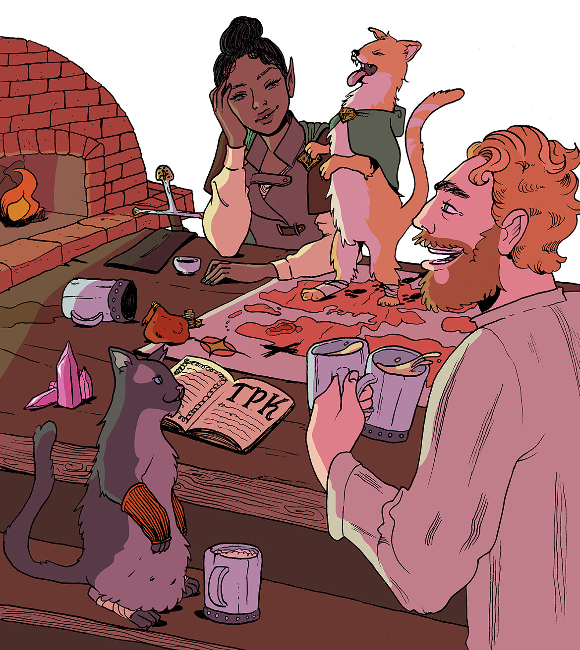 A drawing of a human, elf, and two tabaxi sharing beers in front of a fire while planning their next adventure.