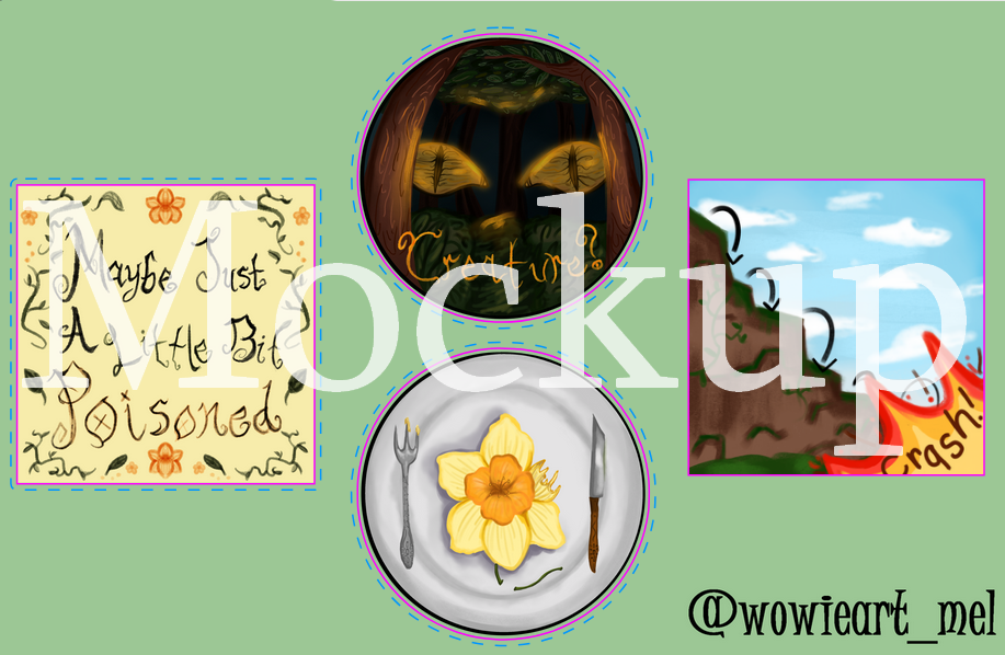 Sticker sheet mockup. Sticker reading "Maybe Just A Little Bit Poisoned", sticker reading "Creature" with glowing eyes in the dark, Sticker with a plate with a flower on it, and a sticker depicting a fall and crash.