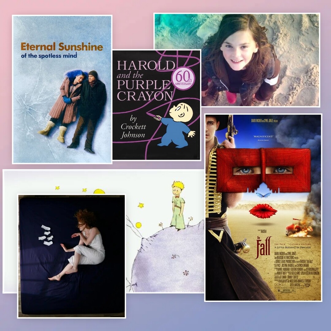 The movie "Eternal Sunshine of the Spotless Mind;" the book "Harold and the Purple Crayon;" the movie "The Last Testament;" the music video "Her Morning Elegance;" the book "The Little Prince;" the movie "The Fall."