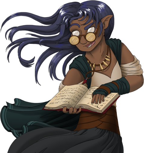 half-elf wizard with cataracts reading from braille spellbook