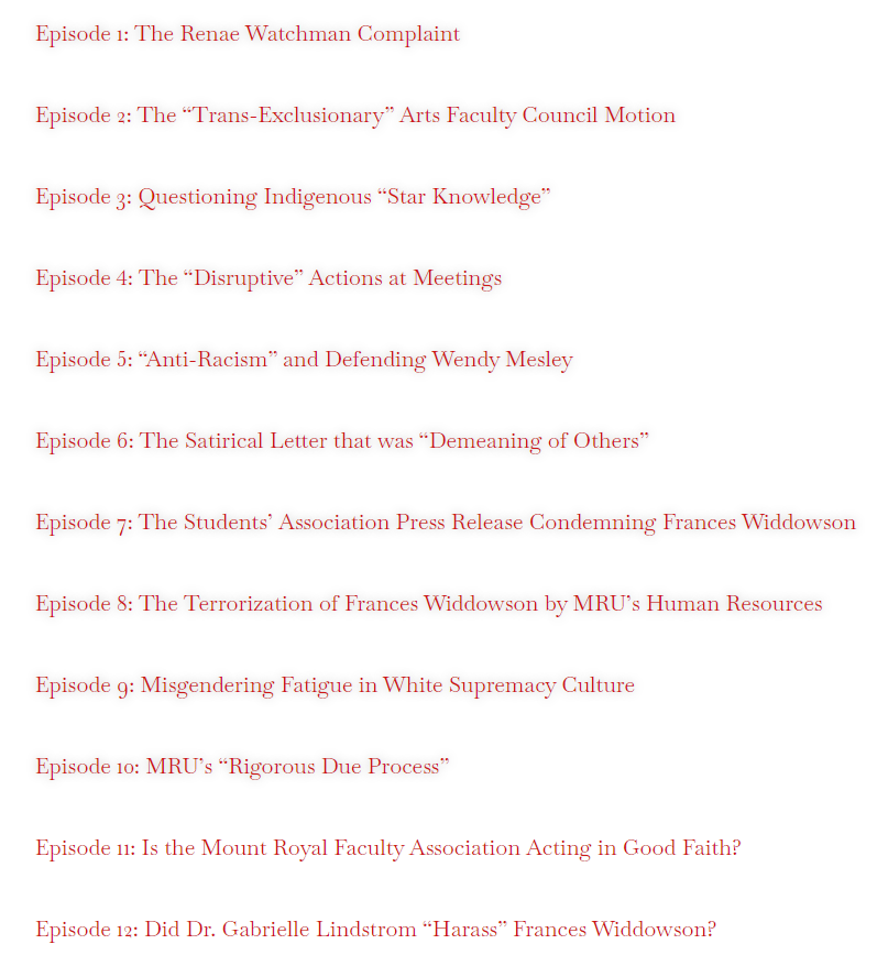 The Twelve Episodes pertaining to the MRU Frances Widdowson Firing