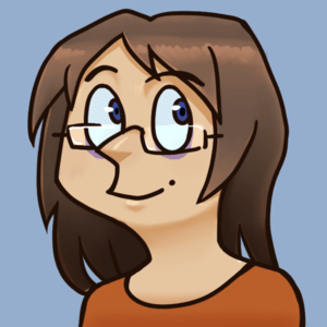 A portrait of Birdee in a cartoon style. They have brown hair and are wearing glasses and an orange shirt. They're smiling.