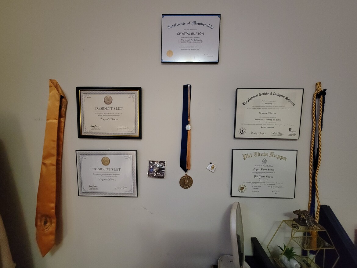 Honors regalia, President's List certificates, and membership certificates for honor societies I'm a member of