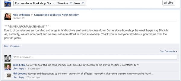 Monday 1st of July 2013, Alex one of the volunteers at Cornerstone broke the news on Facebook