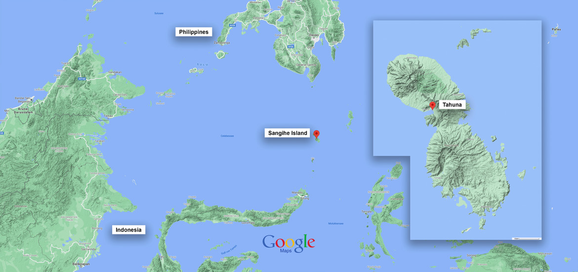 Map: Sangihe Island is located between Northern Indonesia and Philippines