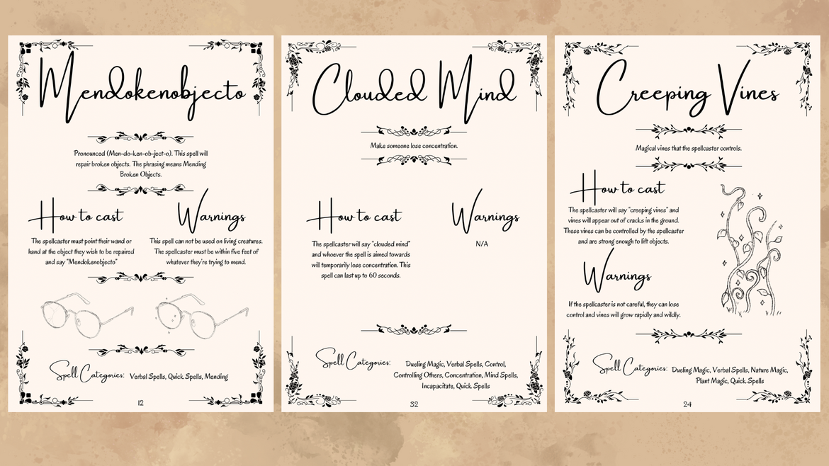 Some of the pages within the spell book.