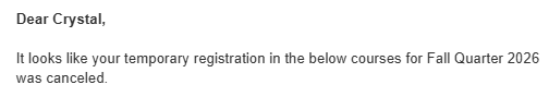 Email about registration being canceled