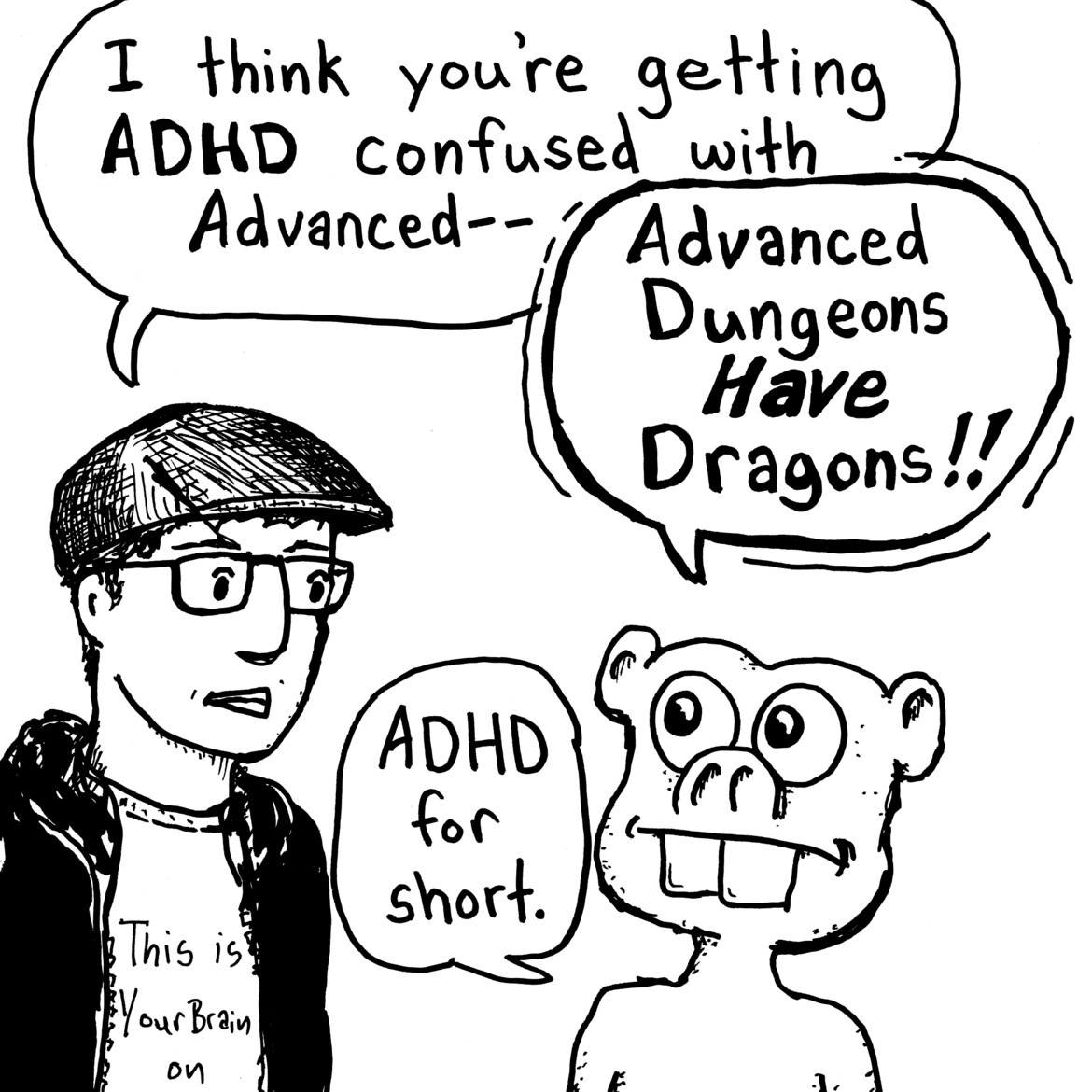 Comic panel of Drew and Booger Bear confusing ADHD and AD&D.