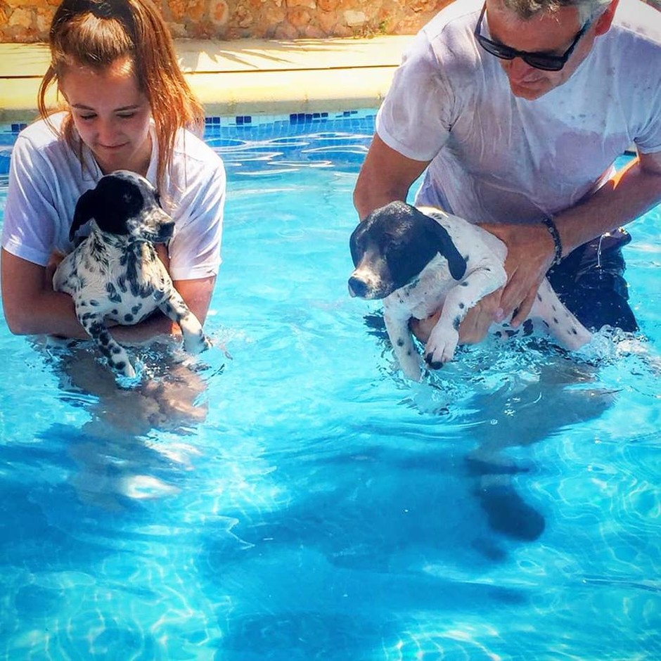 Luna and Diego learning to swim...or splash!