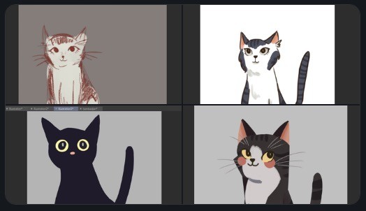 Some cat design studies by Pia Racoma. She plans to use styles with simpler lines that appeal to all ages