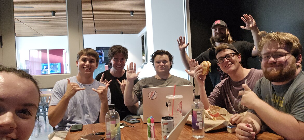 The Pandemonium Productions team in the middle of a writers room discussion. Names from left to right: Felicity Jacobsen, Gus Neary, Ben Logsdon, Jack Trenelone, Nick Vanek, Kaden McCandless, Dallas Luckenbill.