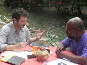 Hunger of the Soul co-editor Peter Orner interviewing Haitian writer Lyonel Trouillot in Port-au-Prince.