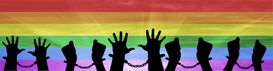 Handcuffed silhouettes of hands against rainbow background
