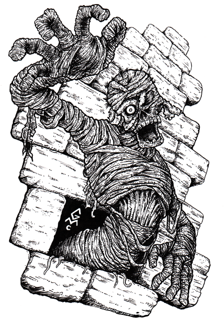 A mummy bursting through stone, depicted in an old school style