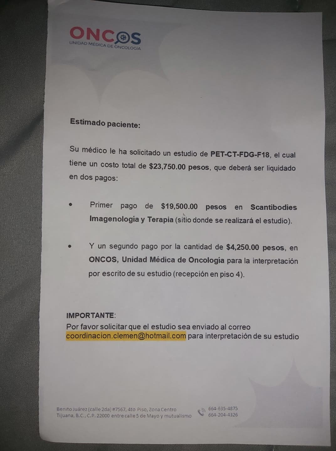 Total cost of the PET-CT Scan