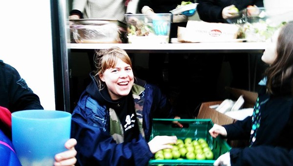 Hot food and fresh fruit being distributed at Dunkirk camp.