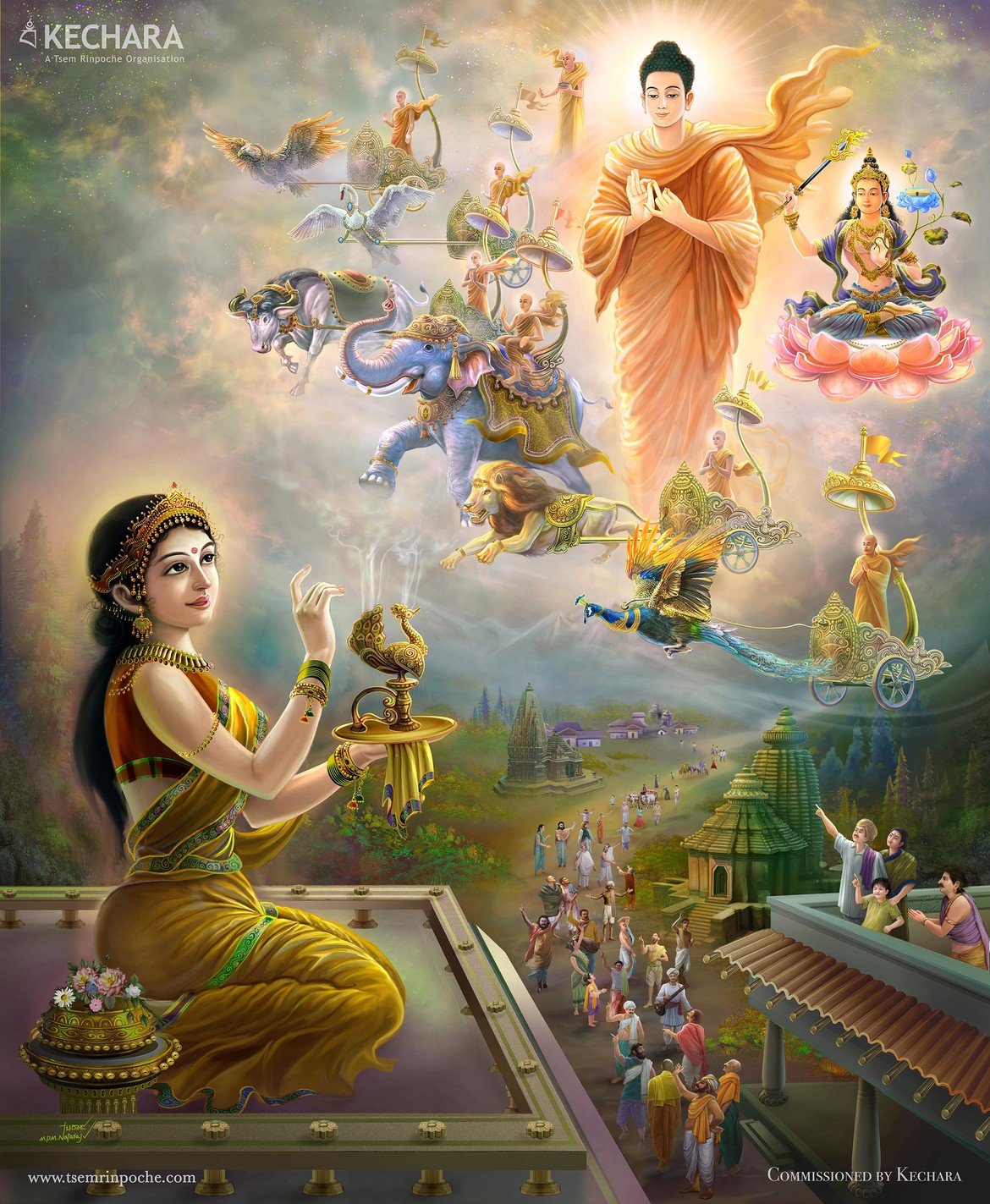 Magadha Zangmo invoking her Guru Shakyamuni with incense. Many incarnations later, Magadha Zangmo would arise as the Dharma Protector Dorje Shugden