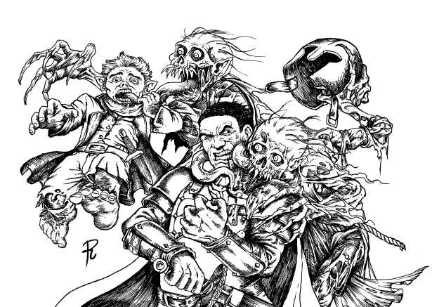 Adventurers being eaten by the undead, presented in an oldschool style